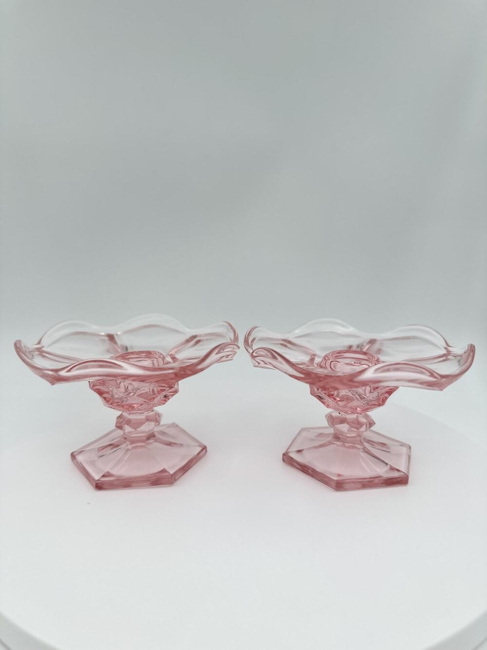 Vintage Pink Depression Glass Candle holders Set of 2, Scalloped Flower Top, 3"